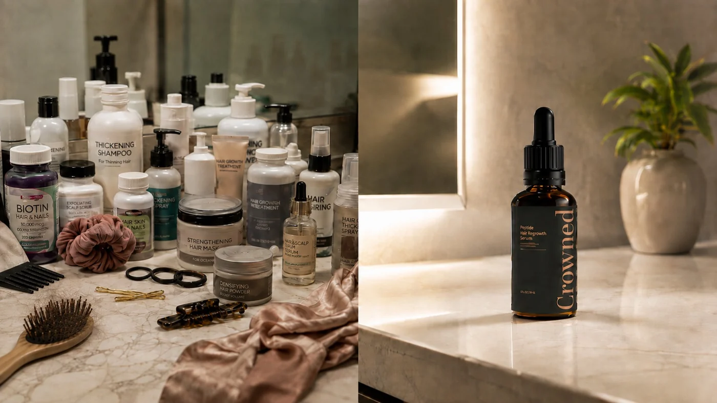 A counter crowded with hair products that failed, beside a single bottle of Crowned