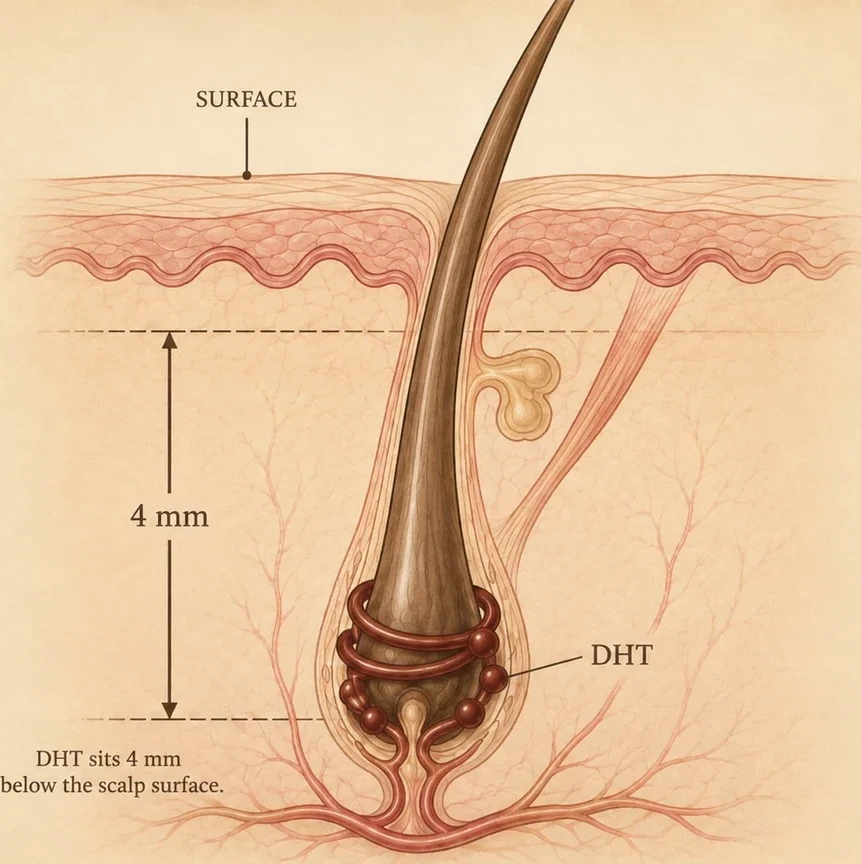 Diagram: DHT sits 4 mm below the scalp surface