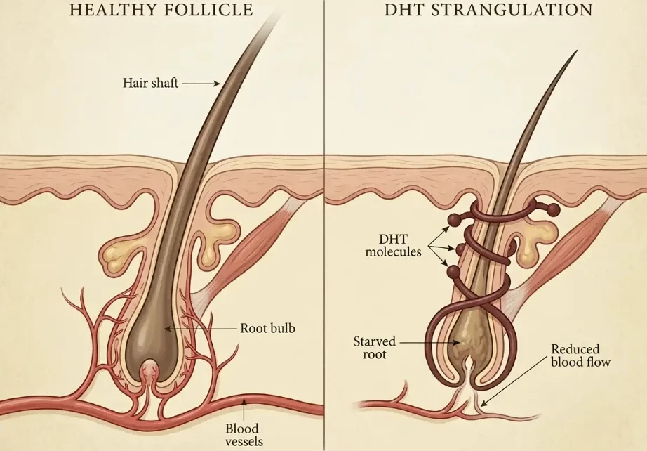 Healthy follicle vs DHT strangulation