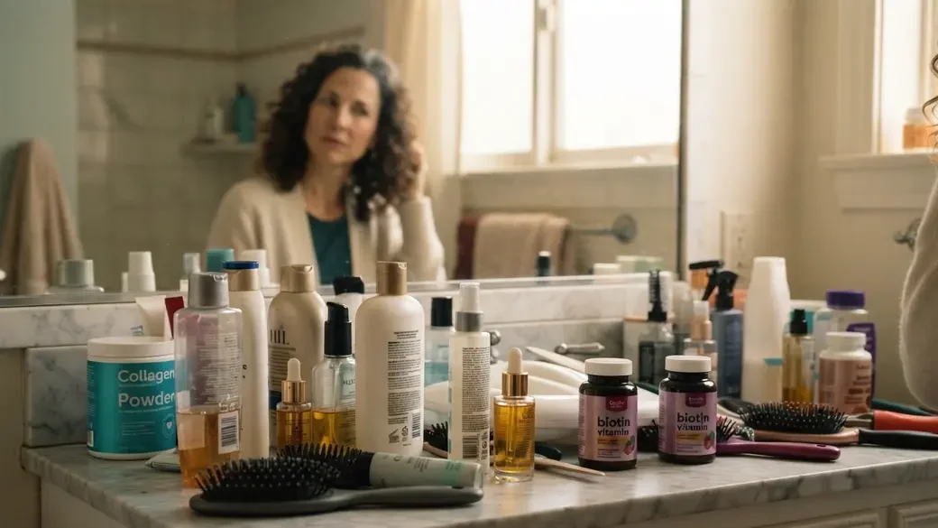 Melissa's bathroom counter full of supplements and sprays