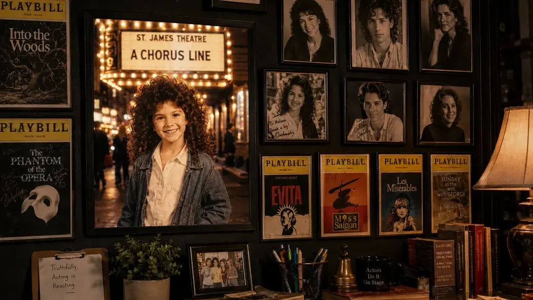 The wall of playbills and headshots in Melissa's studio